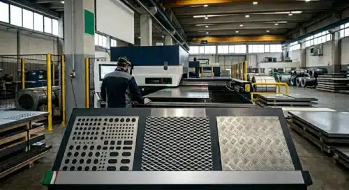 Primo piano di tre campioni di lamiera (forata, stirata e bugnata) esposti su un supporto tecnico. Sullo sfondo, un operaio specializzato lavora presso un macchinario CNC all'interno di un'officina metalmeccanica moderna con bobine di metallo e attrezzature industriali.